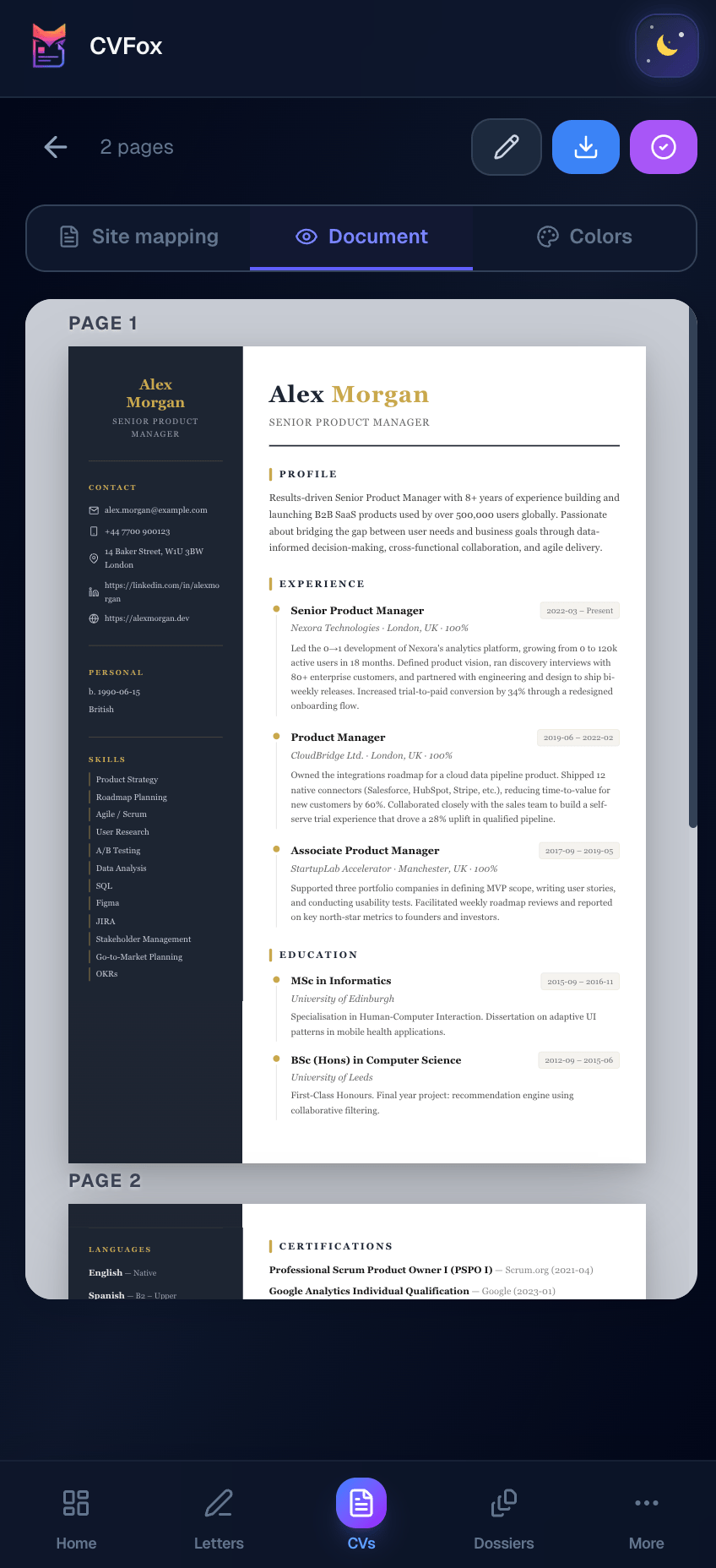 Mobile CV preview